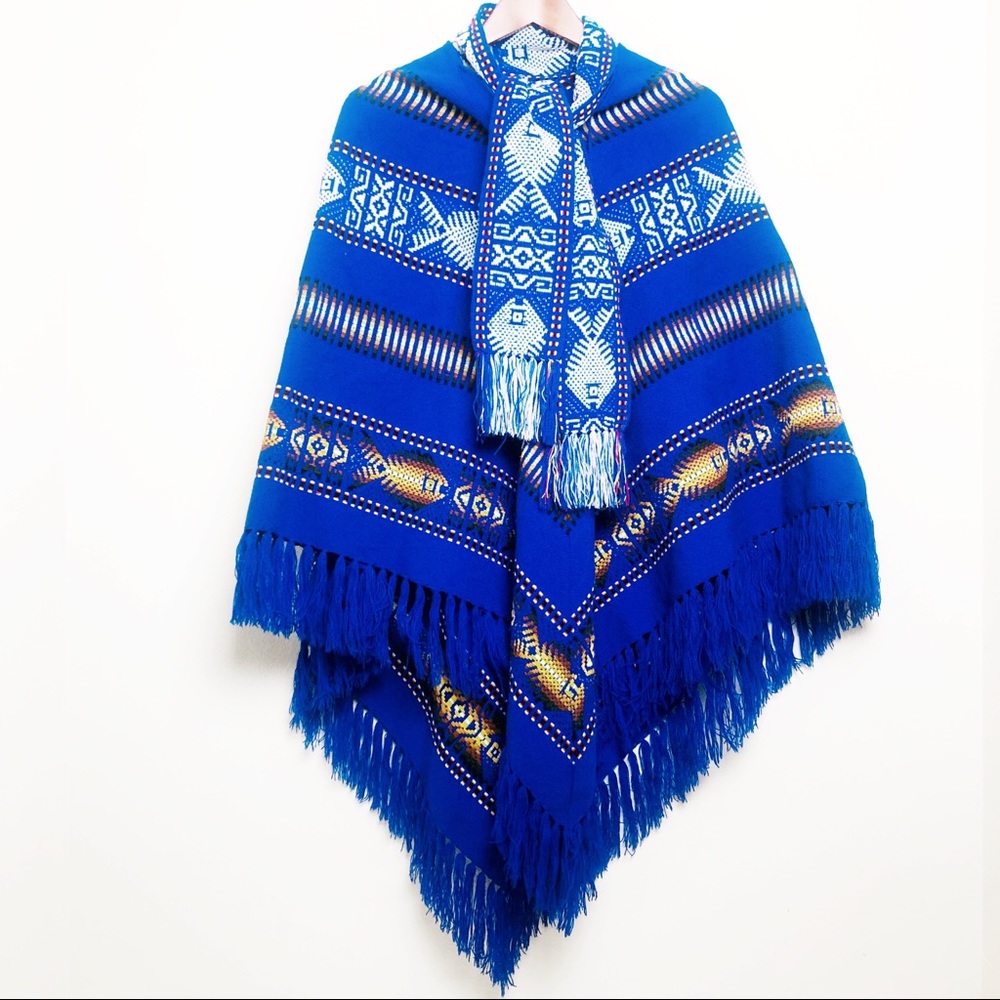 VTG Southwest Boho Embroidered Blue Poncho